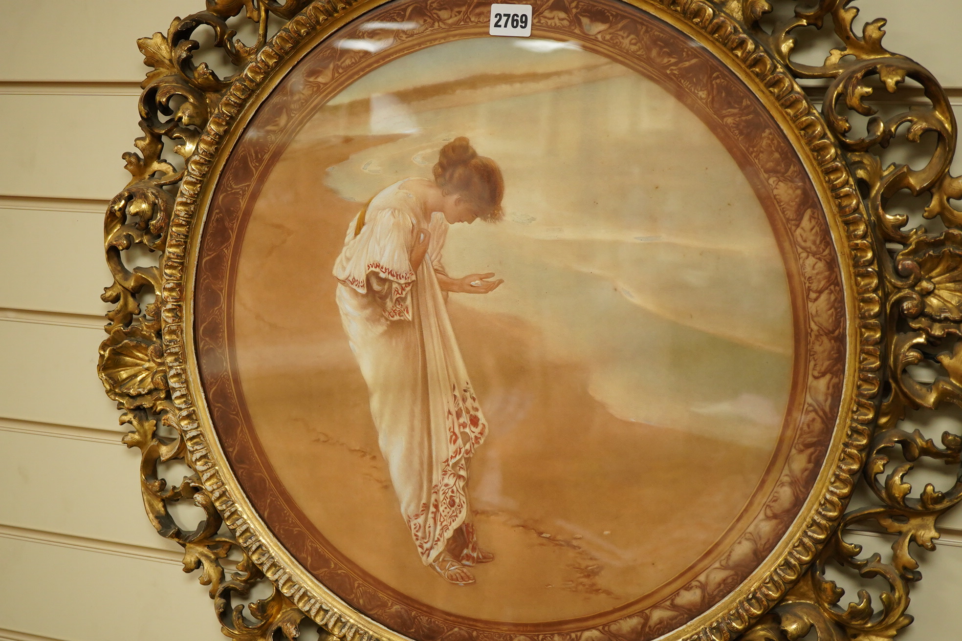 After William Henry Margetson RI (1861-1940), 'The sea hath its pearls', tondo colour print housed in a Florentine style carved giltwood frame, 49cm diameter